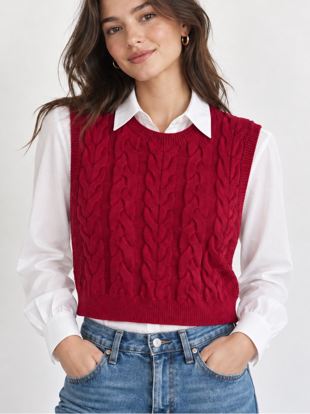 Banana Republic Women’s Red Cable Knit Sleeveless Sweater Vest Size L